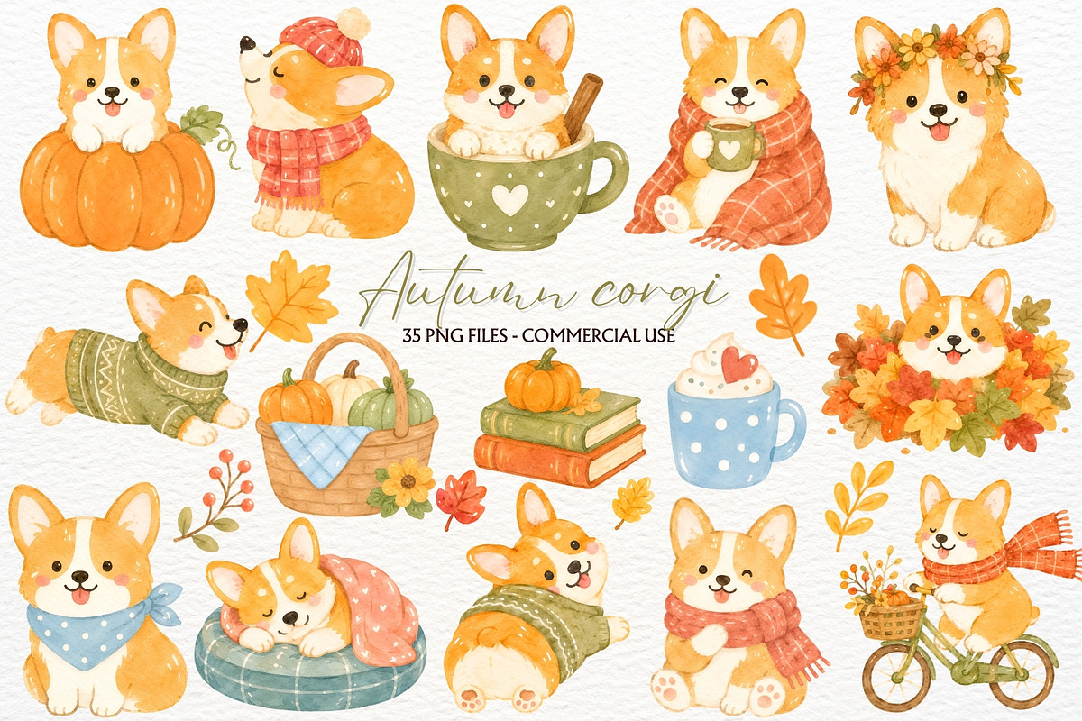 Autumn Corgi Clipart Fall Animal PNG, an Animal Illustration by SugarCloudStudioArt (Photo 1 of 6)