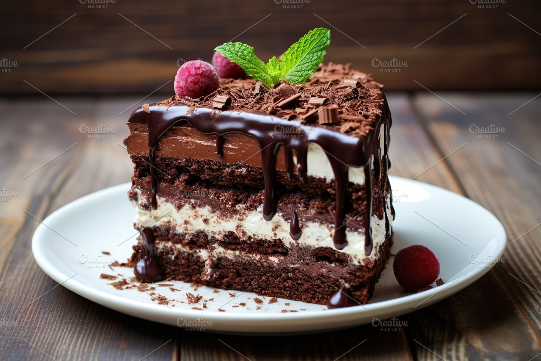 Piece of chocolate cake with raspberries and mint leafs on plate on wooden tabl, a Food & Drink Photo by AlyaAnd