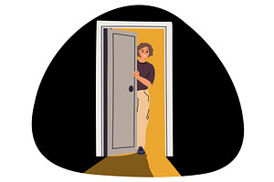 Frightened young woman opens door of, a Person Illustration by Vectorbuum