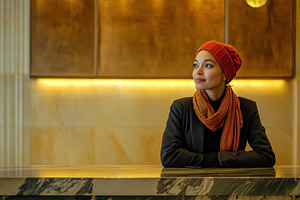 Young female traveler in orange scar, a Photo by Pavel_design