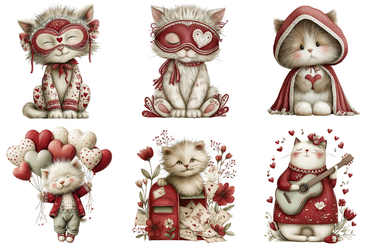 Whimsical Valentine Cats Clipart, an Illustration by DreamArtGraphic (Photo 4 of 4)