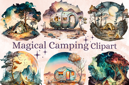 Watercolor Magical Camping Clipart, an Illustration by GiraffeCreative