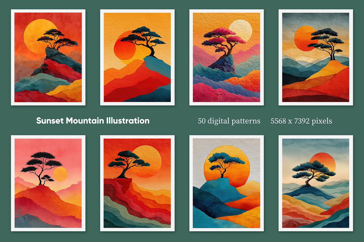 Sunset Mountain Illustration, a Decorative Illustration by Housui Patterns (Photo 3 of 12)
