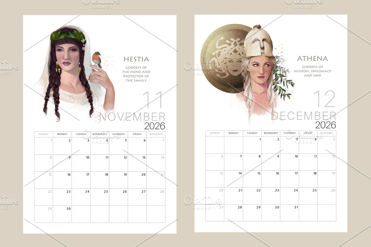 2026 Printable Calendar Goddesses, a Decorative Illustration by La Inspiratriz (Photo 6 of 8)