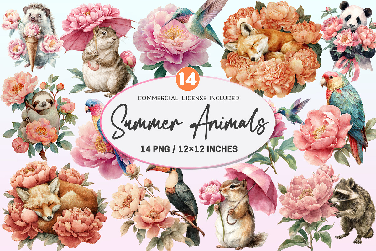 Summer Peony Animals Clipart., a Graphic by CitraGraphics (Photo 1 of 4)