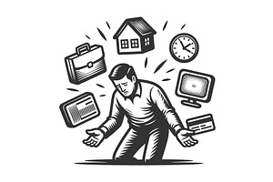 Overwhelmed Man Balancing Work Life, a Person Illustration by AlexArt