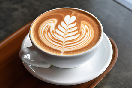 Cup of coffee with latte art in restaurant on wooden background. Generative AI, a Food & Drink Photo by AlyaAnd