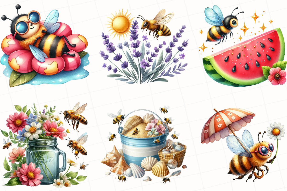 Watercolor Summer Bee Clipart, an Illustration by OK Design (Photo 2 of 5)