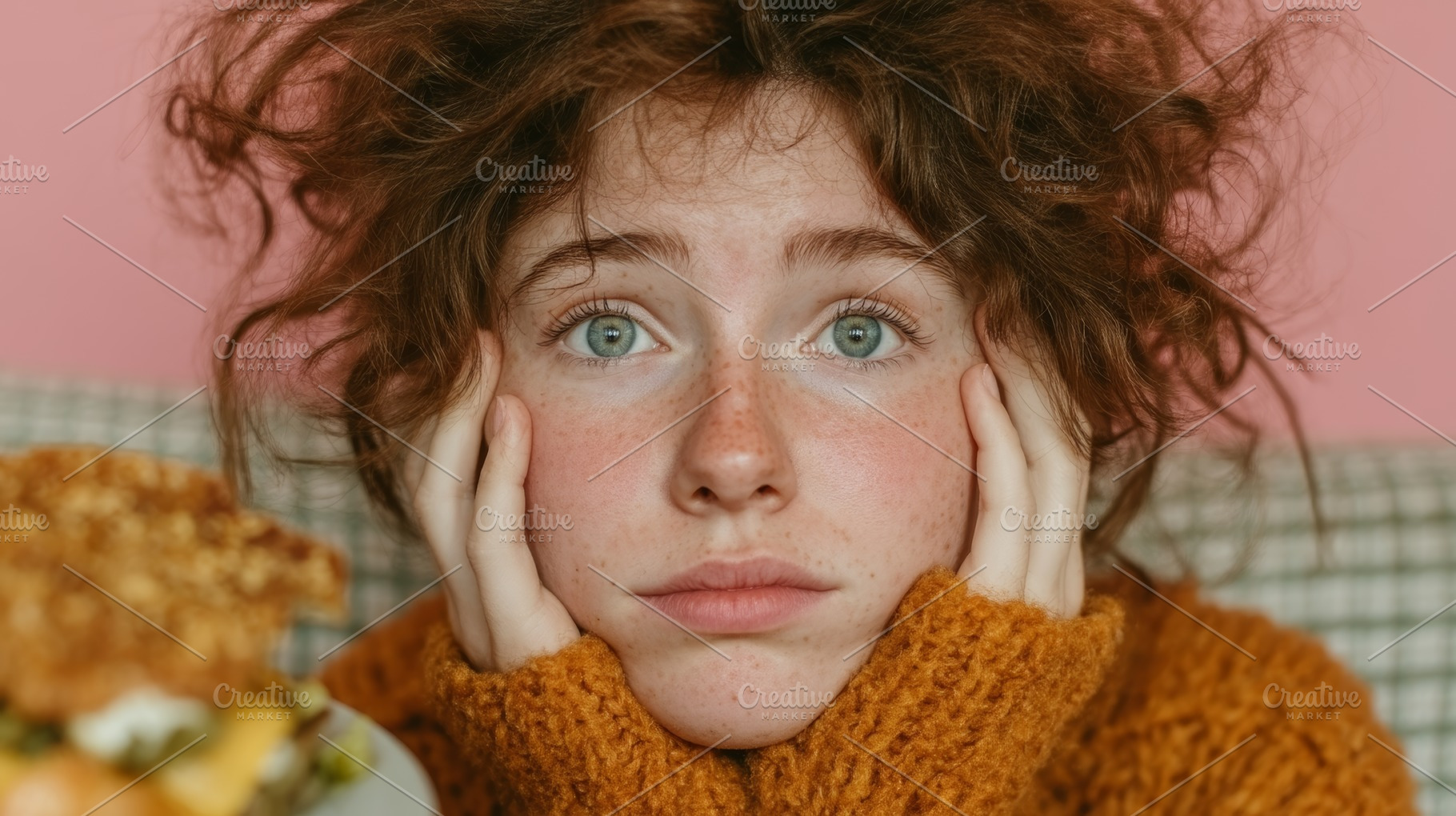 Young woman in sweater expressing thoughtful emotions against a pink background, a Photo by AS photostudio