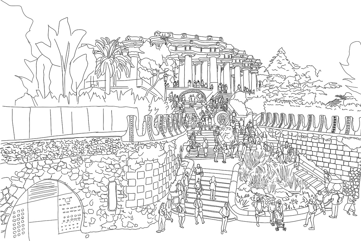 Gaudi's Park Guell Barcelona Spain, a Person Illustration by PageLightStudios