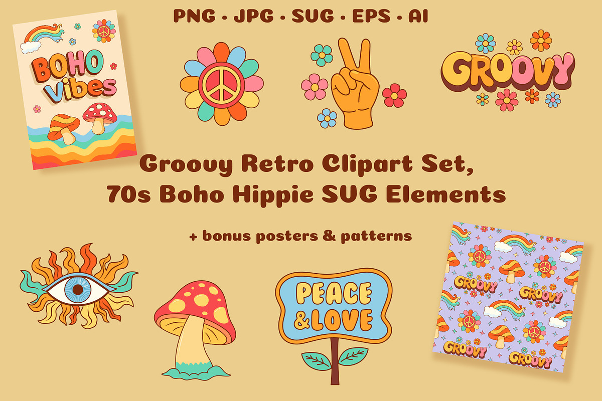 Groovy Retro Clipart Set, 70s Boho, a Decorative Illustration by JulyGart (Photo 1 of 7)