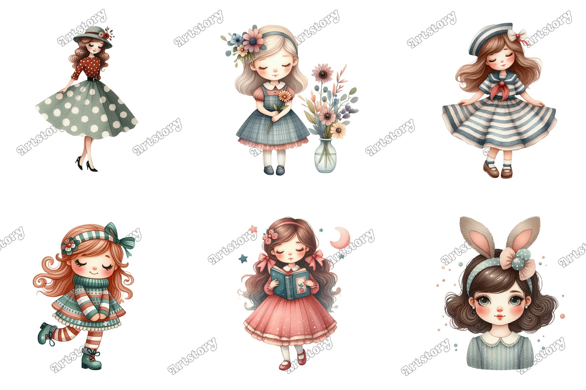 Whimsical Girls Clipart Set, an Illustration by designcity5 (Photo 2 of 5)