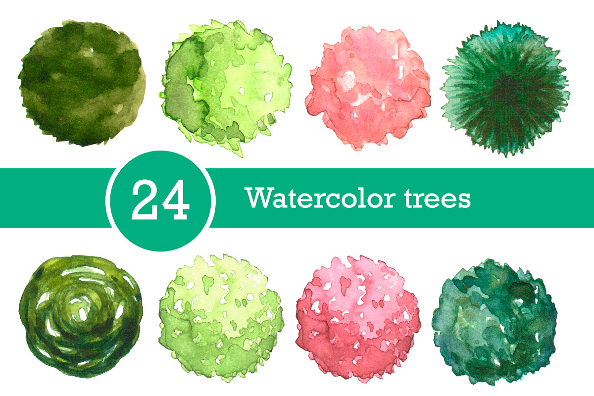 Watercolor trees set, top view, an Illustration by Lina_Lisichka (Photo 1 of 3)