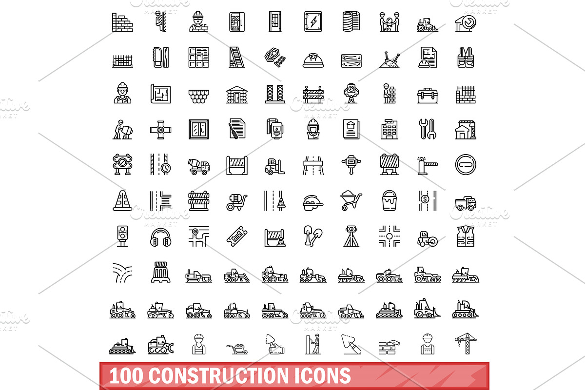 100 construction icons set, outline, an Object Illustration by Ylivdesign
