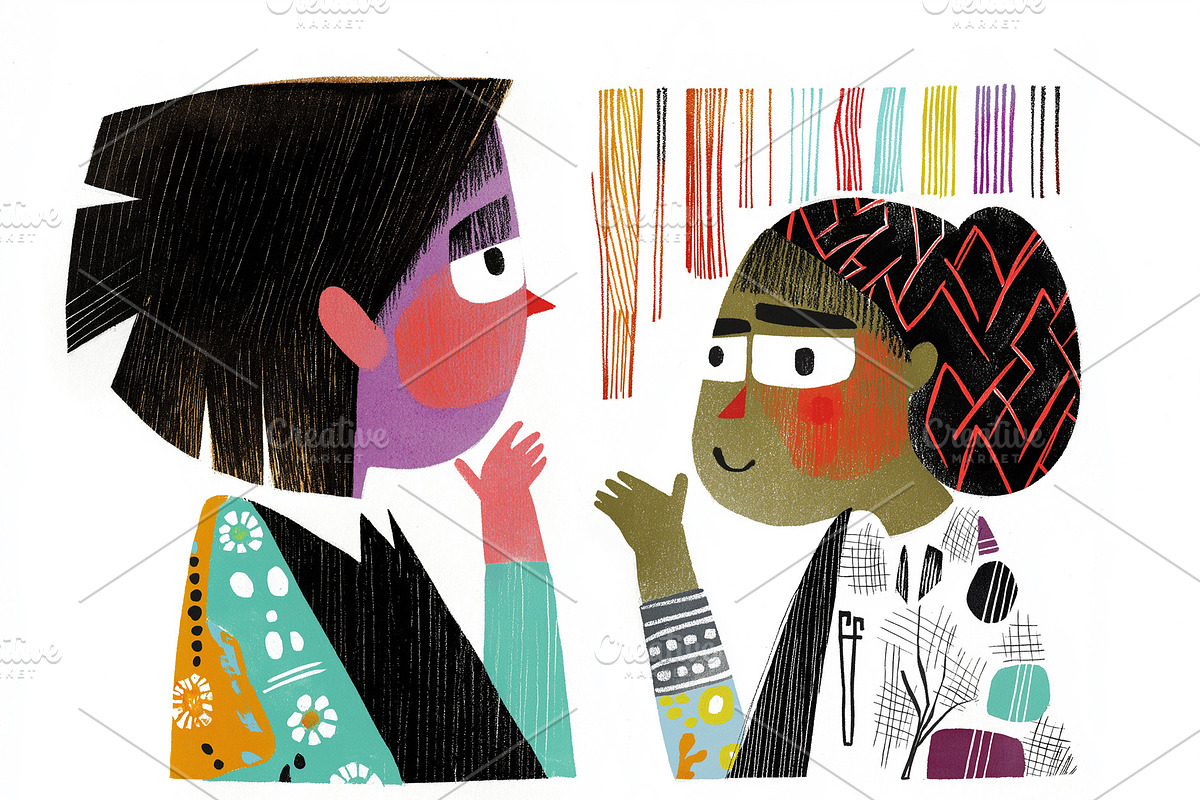 Two cheerful women chat and smile, a Person Illustration by Sybillla