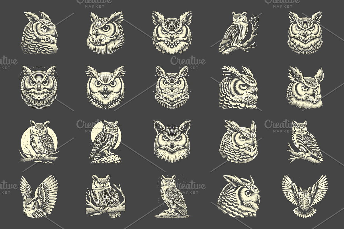 Vintage Great Horned Owl Designs, an Animal Illustration by devastd (Photo 6 of 13)