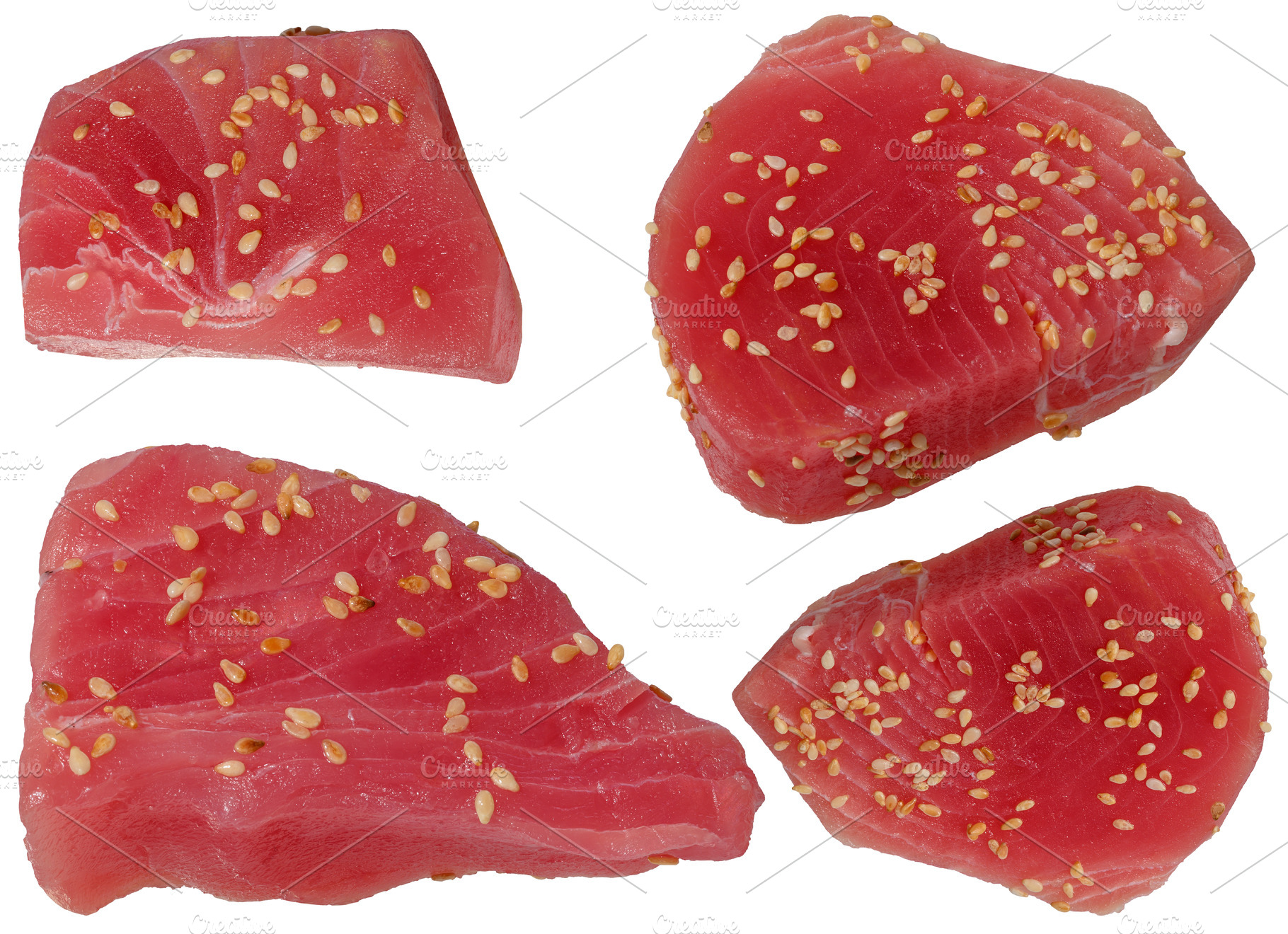 Fresh tuna steaks sprinkled with sesame seeds, red flesh, four p, a Food & Drink Photo by ndanko