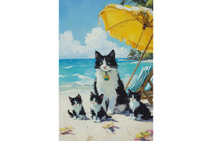 Tuxedo Cat Family at the Beach Art, an Animal Illustration by Art Paradise Studios