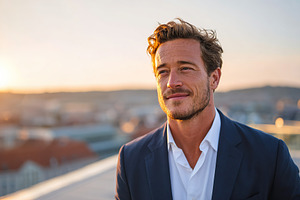 Confident businessman at sunset enjoying a moment of reflection on a city rooft, a Person Photo by AlyaAnd