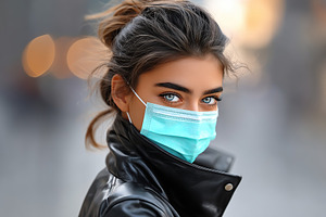 Young woman wearing a mask poses confidently in a city setting during evening h, a Person Photo by AlyaAnd