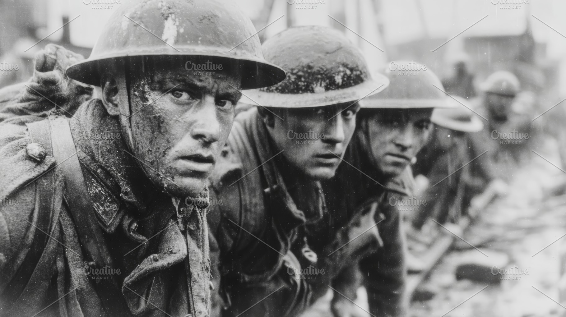World War I soldiers in muddy trenches wearing helmets and gas mask straps, exh, a Photo by AS photostudio