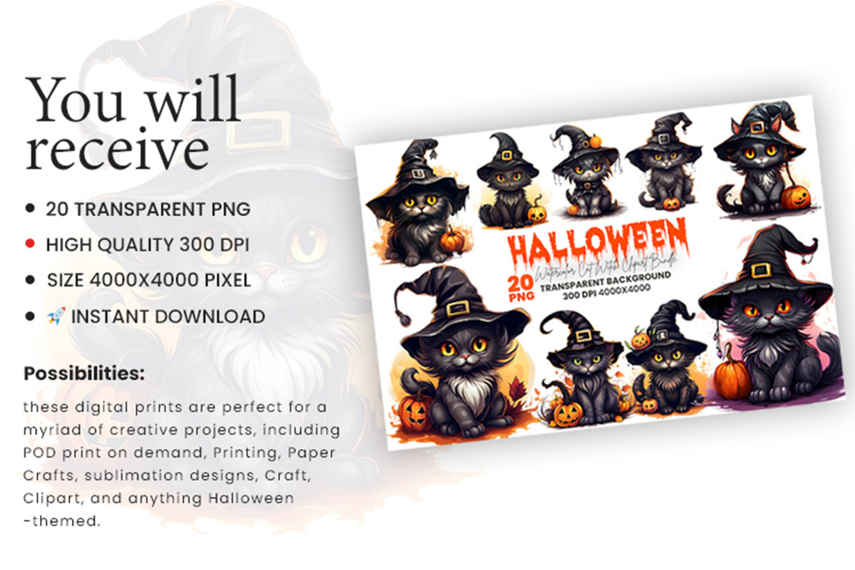 Halloween Cat Witch Clipart Bundle, a Seasonal Illustration by Creative Arslan (Photo 5 of 9)