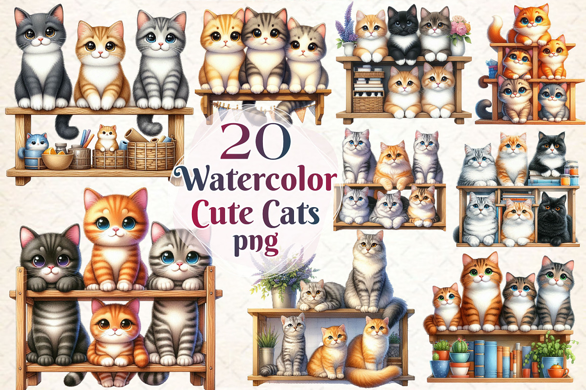 Watercolor Cats Sublimation Clipart, a Work Illustration by Dream Creation (Photo 1 of 6)