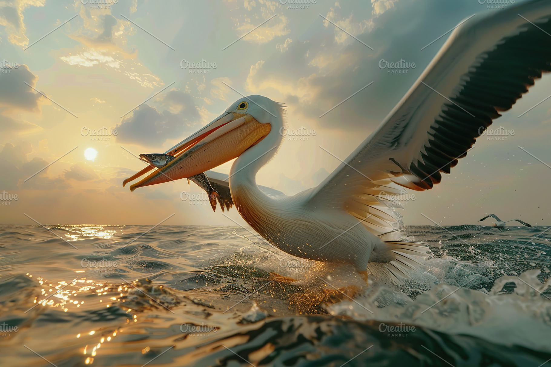 White pelican are flying above the beach and catching a fish, an Animal Photo by AlyaAnd