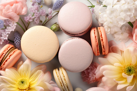 Colorful French Dessert Macaroons and flowers flat lay, a Food & Drink Photo by Natalia Klenova's Shop