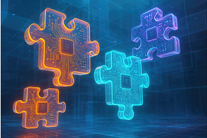 Neon-colored jigsaw puzzle pieces, a Technology Illustration by Sergey Kotenev