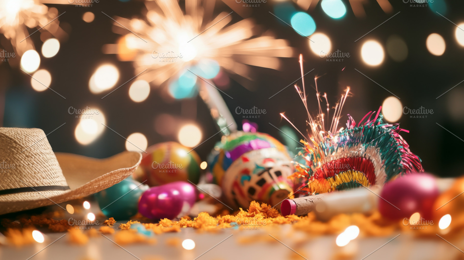 Cinco de Mayo and Dia de los Muertos party scene with sombrero,, a Photo by Dvoevnore photos