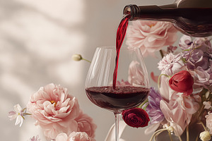 Pouring red wine into a glass amidst delicate pink flowers, creating a romantic, a Food & Drink Photo by Anneleven