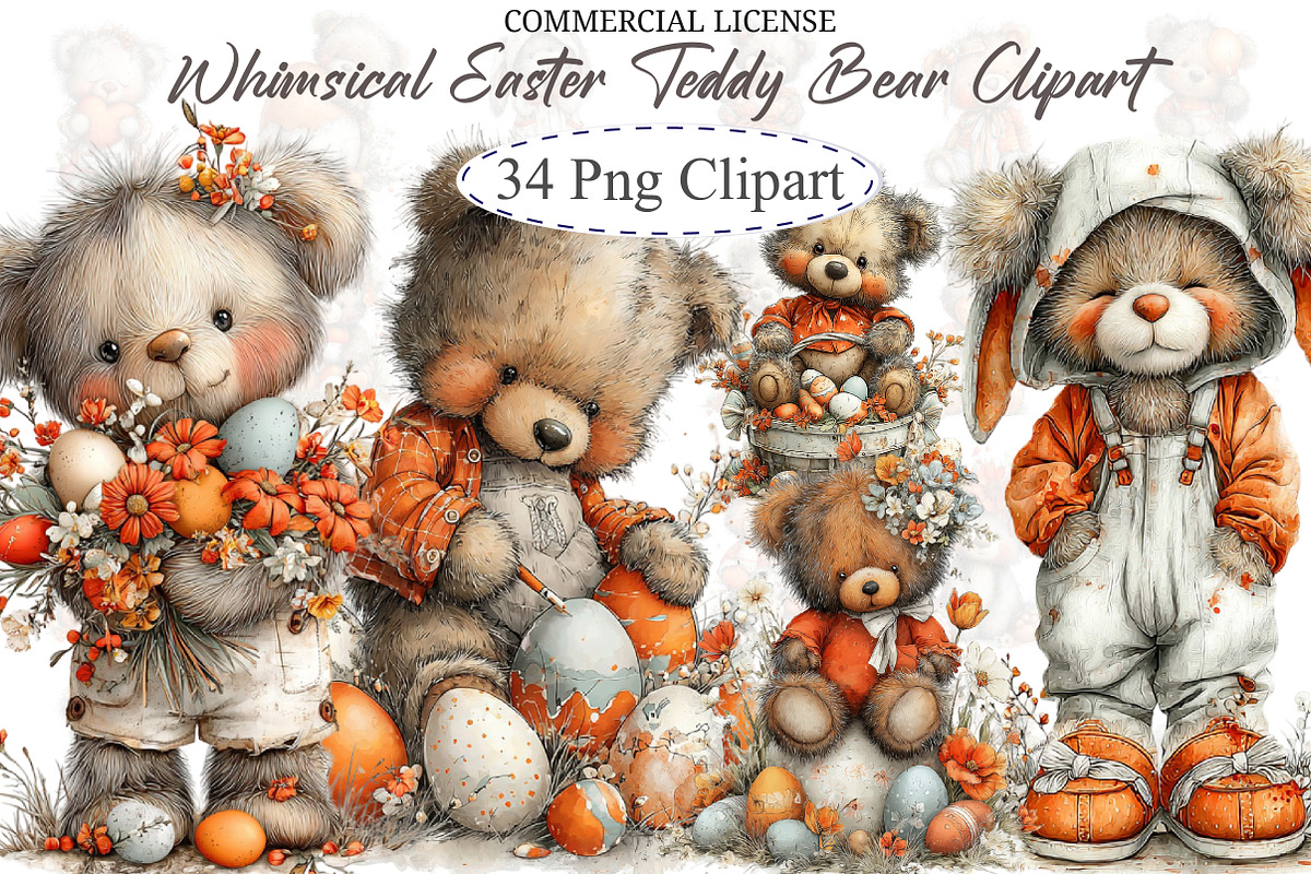 Whimsical Easter Teddy Bear Clipart, an Illustration by designcity5 (Photo 1 of 5)