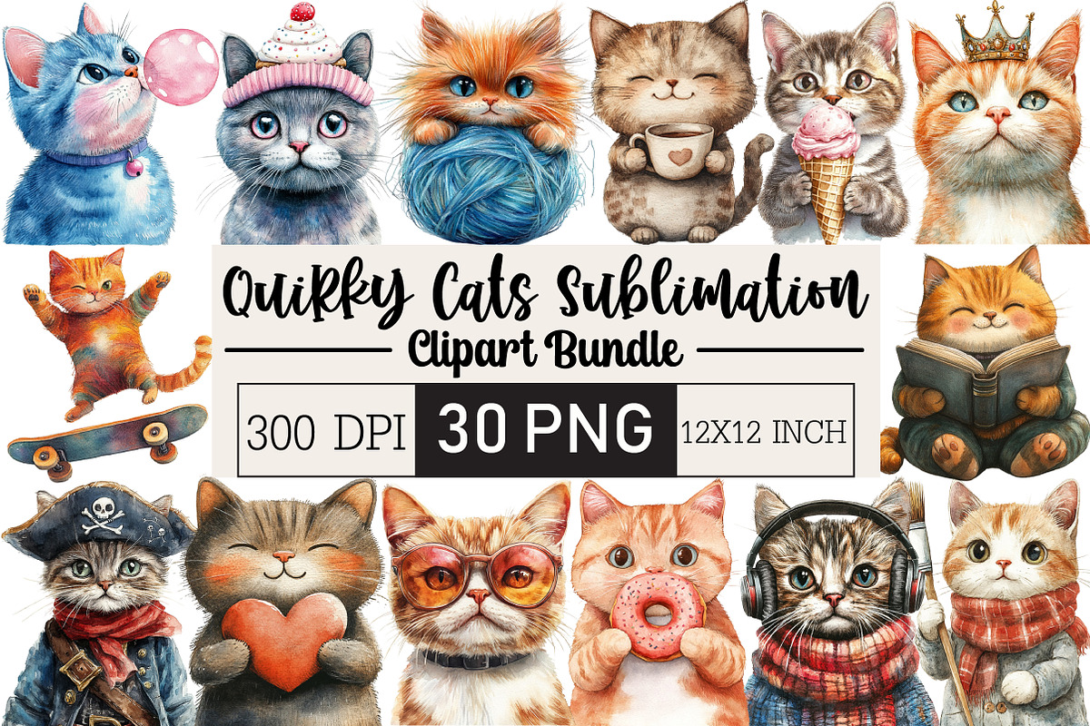 Quirky Cats Sublimation Clipart, an Illustration by Black Bird Studio (Photo 1 of 6)