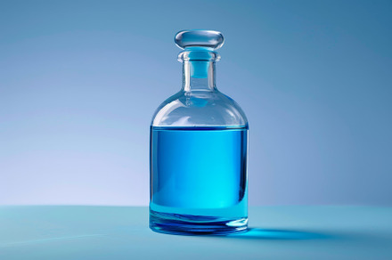 A clear glass bottle sits on a light, a Photo by Tanuart