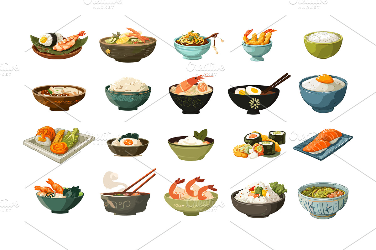 Food in bowls cartoon vector set, a Food Illustration by Onyx
