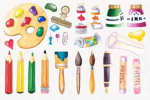 Watercolor Artist's Tools Clipart.