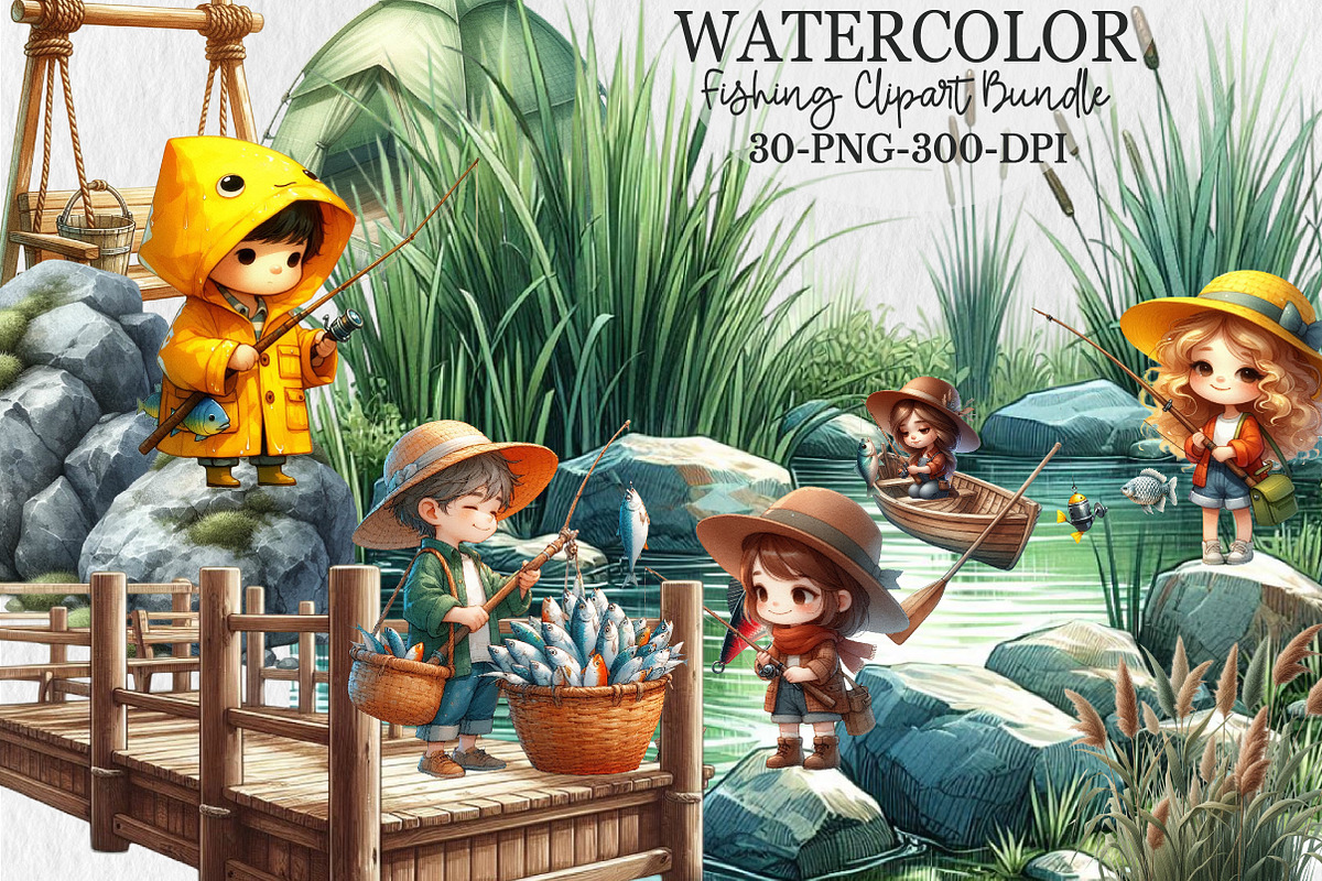 Watercolor Fishing Clipart, a Seasonal Illustration by Rose Art (Photo 1 of 4)