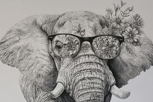 Elephant with glasses and flowers, a Photo by Beautiful things