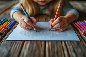 A young girl with blonde hair draws creatively with colored pencils on a sheet, a Person Photo by ImageMir