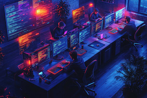Tech professionals coding in a dimly, a Photo by Tanuart