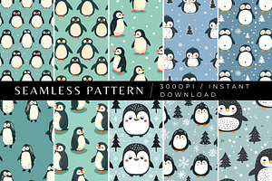 10 Penguin Doodle Seamless Patterns