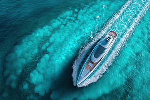 Yacht glides effortlessly through crystal clear turquoise waters in serene coas, a Transportation Photo by AlyaAnd