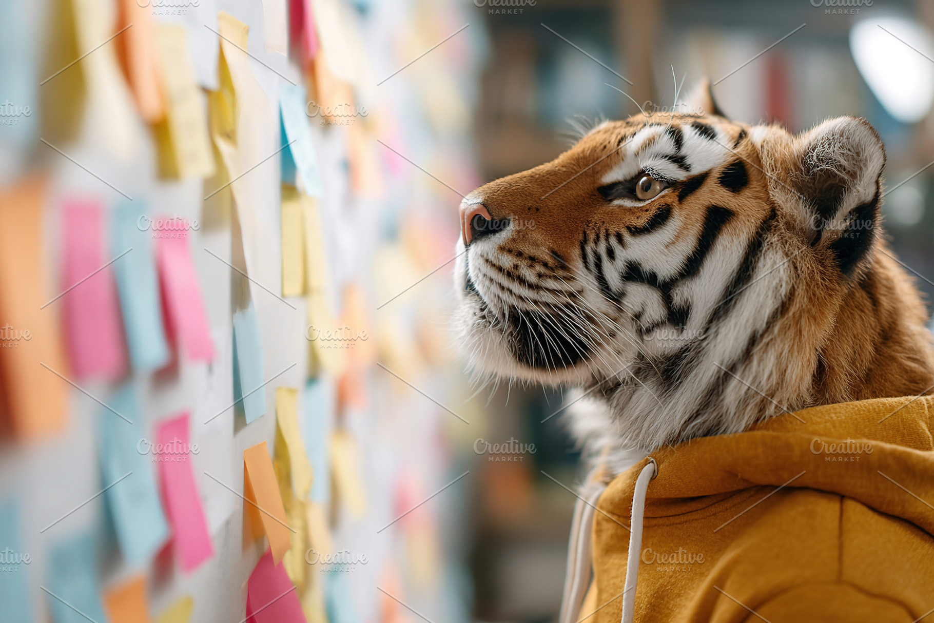 Tiger in a hoodie standing next to a colorful wall covered in sticky notes insi, a Photo by AlyaAnd