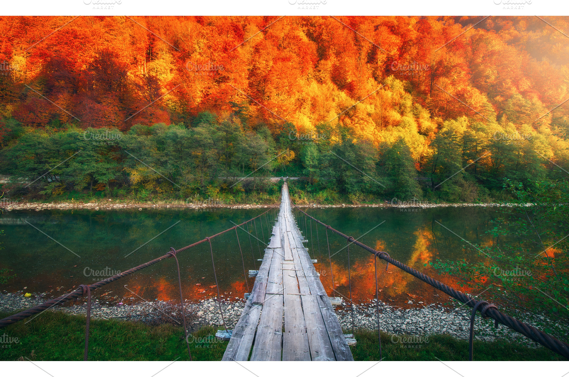 Wooden suspension bridge crossing a, a Nature Photo by den-belitsky