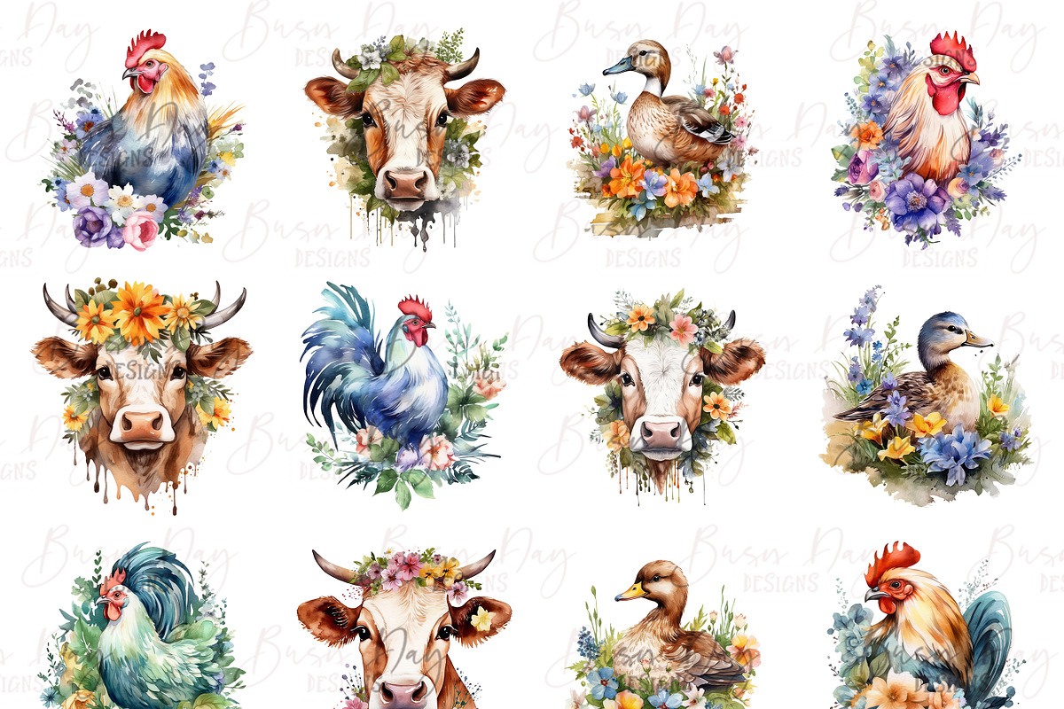Watercolor Farm Animals Clipart, an Animal Illustration by BusyDaydesign