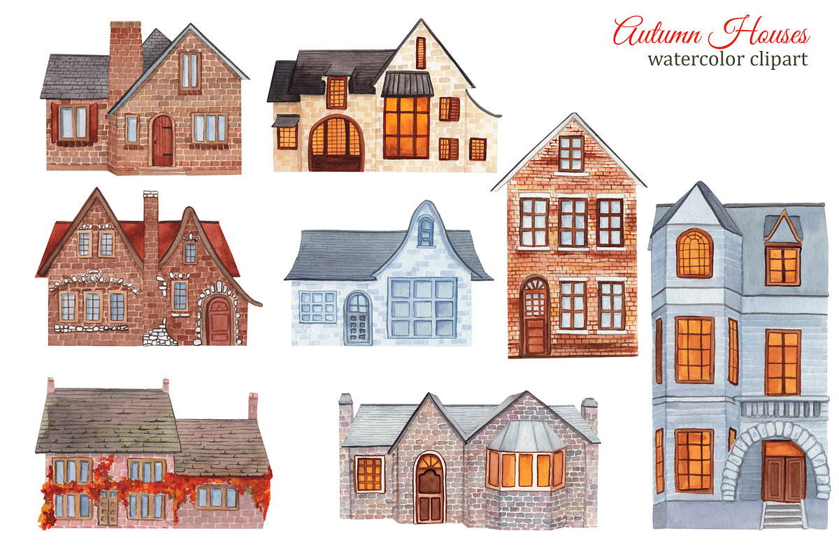 Watercolor autumn houses clipart, an Illustration by s.yanyeva (Photo 4 of 6)