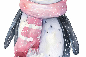Watercolor penguin with pink scarf, an Animal Photo by MistyDay