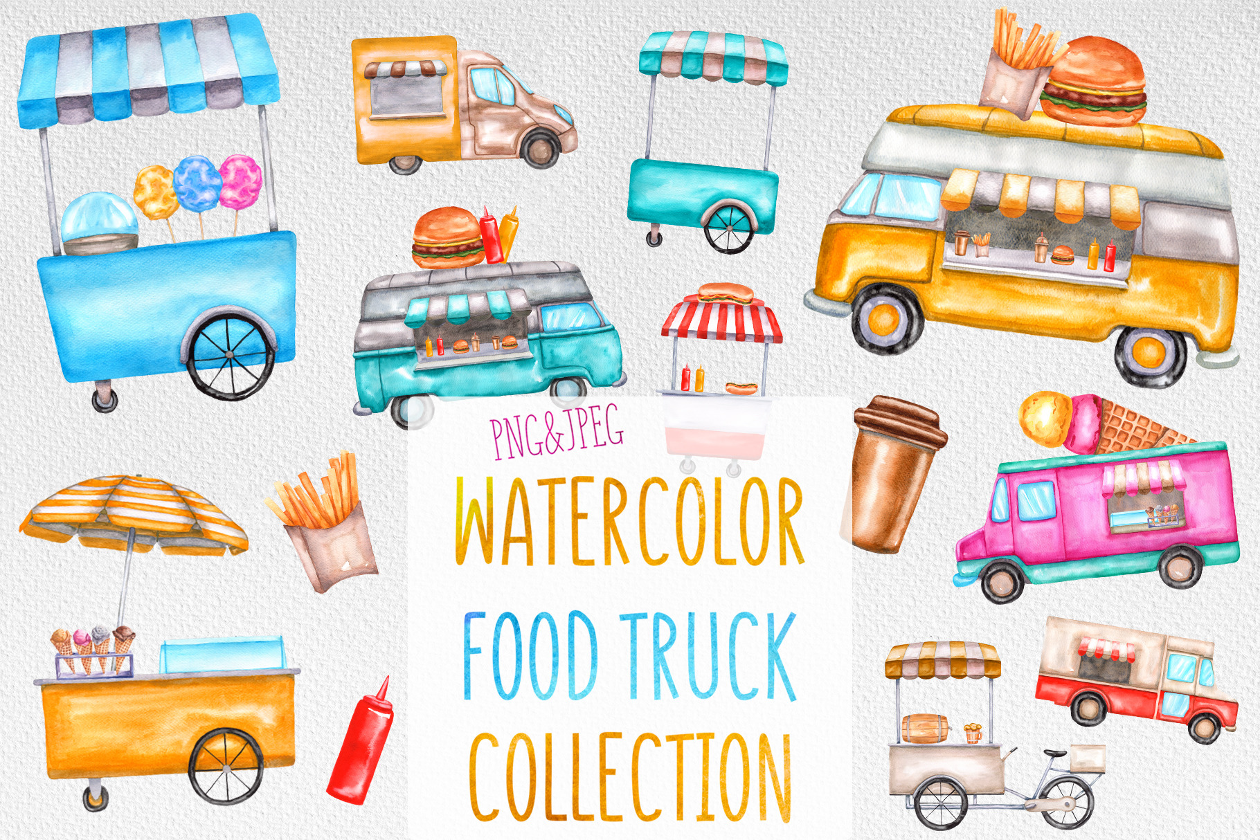 Watercolor food trucks and carts, a Food Illustration by Olha's watercolor | Creative Market