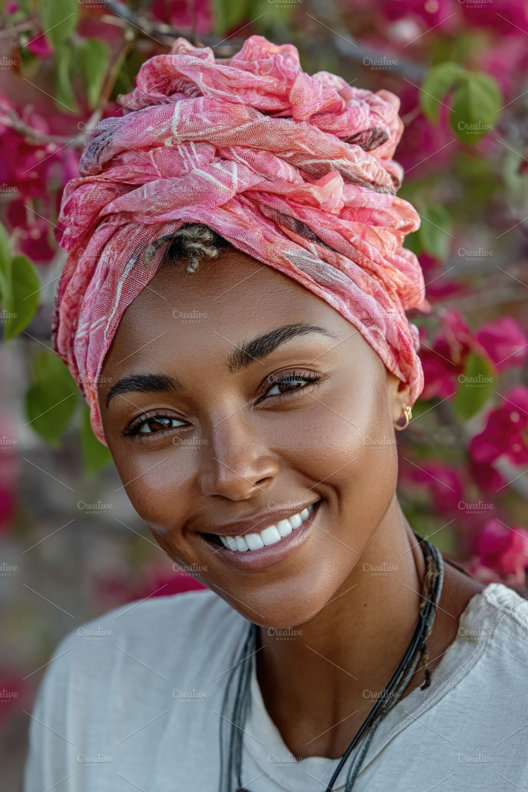 Smiling young Black woman wearing pink headscarf in flower garde, a Person Photo by José Manuel Gelpi
